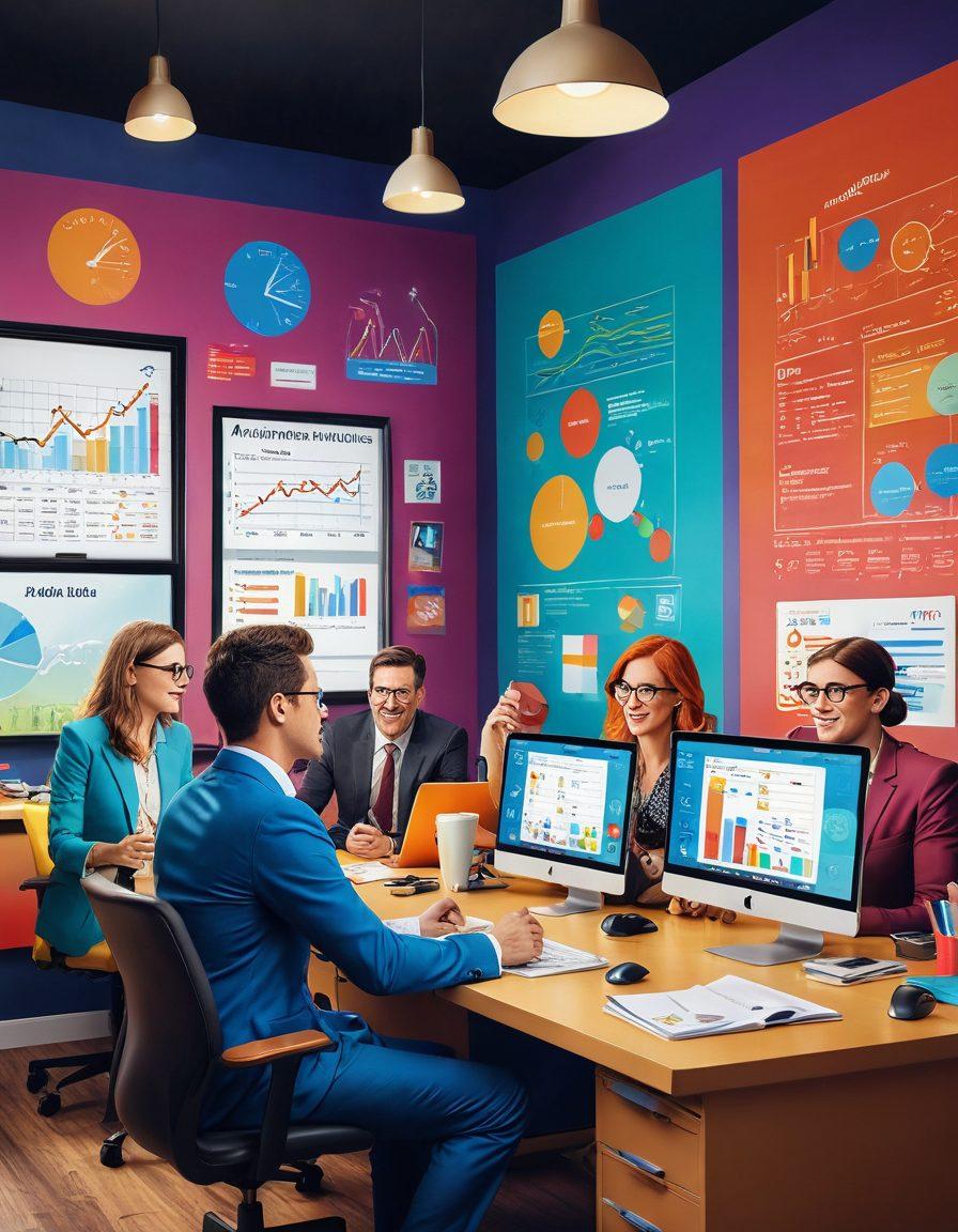 A whimsical, surreal scene depicting animated characters discussing insurance policies in a stylized office environment. The characters are vibrant and cartoonish, with exaggerated features, surrounded by colorful charts and graphs that show insurance data. A playful contrast between adult humor and serious business elements, like a coffee mug labeled 'Adulting 101'. The background features a blend of an animation studio and an insurance firm, merging the two worlds creatively. digital art. vibrant colors. playful style.