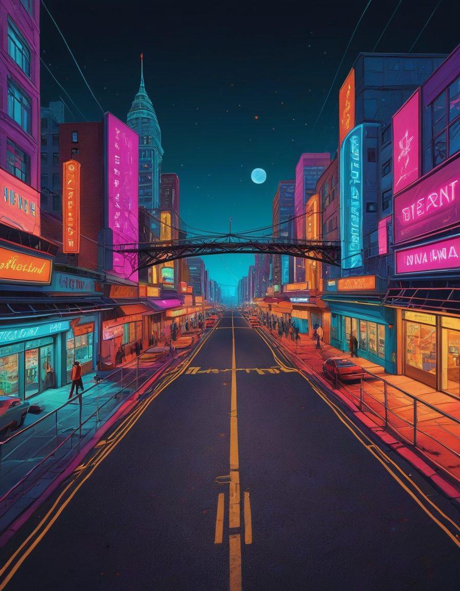 A thought-provoking illustration depicting a winding road merging two contrasting worlds: one side showcasing vibrant adult entertainment scenes and the other a serene insurance office with paperwork. Include symbolic elements like a compass and a bridge connecting both worlds, representing the hidden links between them. Use bold colors to highlight the unexpected connections. surrealistic. vibrant colors. high detail.